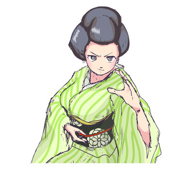 格闘技風のポーズの着物の女性