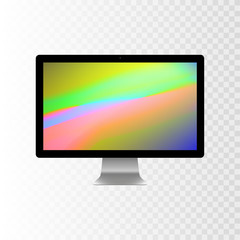 Stock vector illustration realistic personal desktop computer, PC. Modern flat screen monitor. Computer display isolated on a transparent checkered background. Wallpapers on the screen EPS10