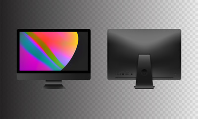 Stock vector illustration realistic set personal professional desktop computer. Modern flat screen monitor. Back side computer display isolated on a transparent background. Wallpapers on the screen