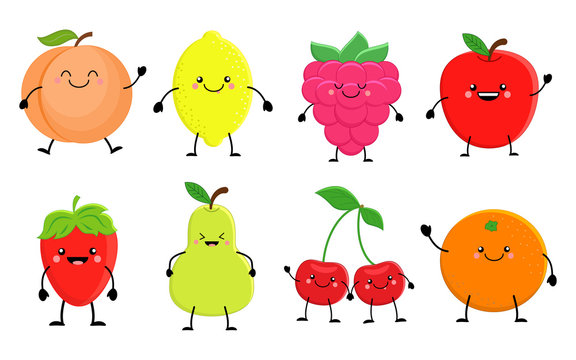 Set of cute cartoon fruit. Lemon, orange, apple pear,raspberry, 