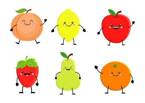 SEt of cute cartoon fruit. Lemon, orange, apple pear, strawberry