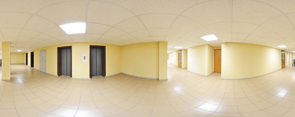Spherical 360 degrees panorama projection, panorama in interior empty long corridor with doors and entrances to different rooms and lift. - obrazy, fototapety, plakaty