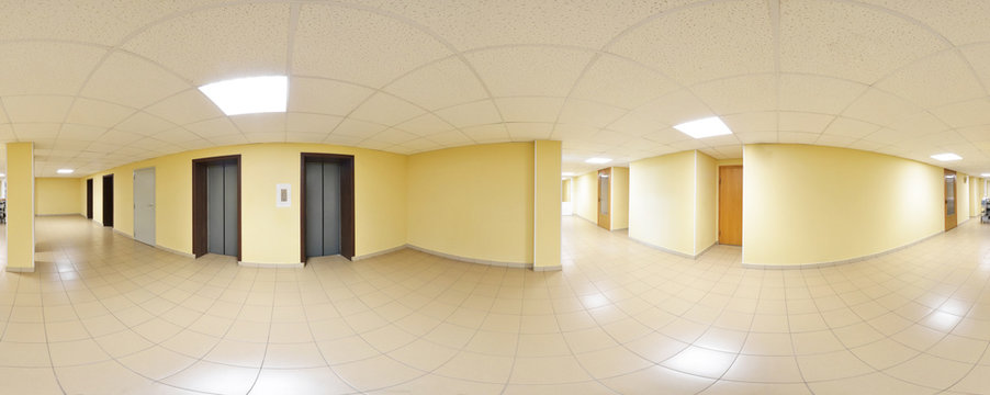 Spherical 360 degrees panorama projection, panorama in interior empty long corridor with doors and entrances to different rooms and lift.