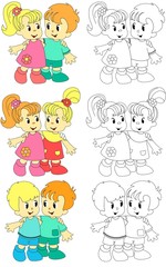 Obraz na płótnie Canvas Set of cute happy childrens have fun at party, kids playing with joy and celebrate holidays, girls and boys are friends, background cartoon vector illustration. Frienship, brothers, sisters, isolated.