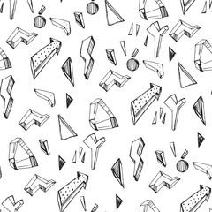 Vector seamless pattern with geometrical figures. Hand drawn texture with volume abstract object in sketch style