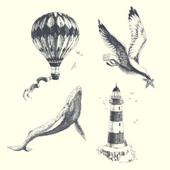 Summer dreams. Vector set of vintage illustrations in engraving style. Hand drawn aerostat, lighthouse, whale and seagull. Objects on sea travel theme isolated on white © mashikomo
