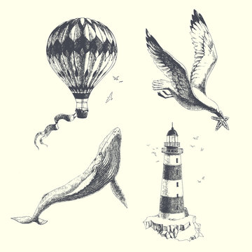 Summer dreams. Vector set of vintage illustrations in engraving style. Hand drawn aerostat, lighthouse, whale and seagull. Objects on sea travel theme isolated on white