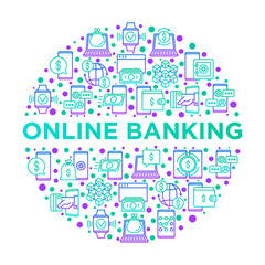 Online banking concept in circle with thin line icons: deposit app, money safety, internet bank, contactless payment, credit card, online transaction. Modern vector illustration, print media template.