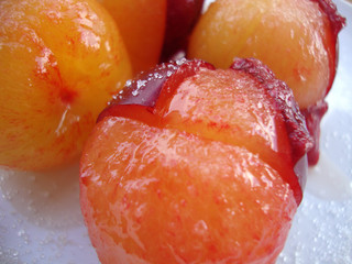 plum in sugar, sweet fruit, red plum, juicy plum, plum without peel