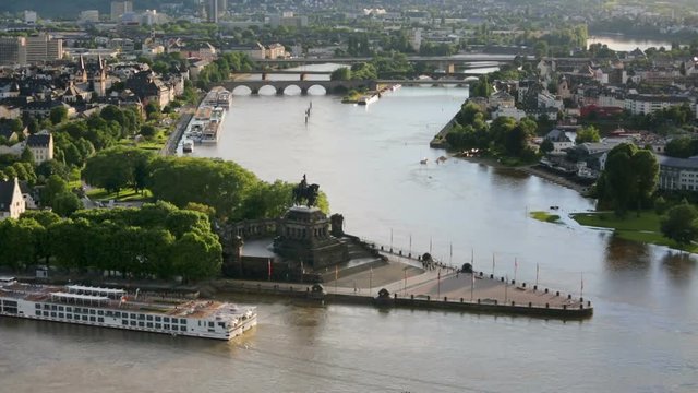 High angle view timelapse of Deutsches Eck and the oldtown of Koblenz, Germany with  Rhine and Moselle River.