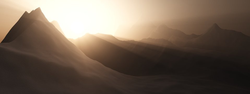 Sunrise in the mountains. Mountain sunset. The mountains are in a fog.
3D rendering
