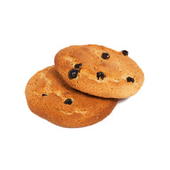 Two oatmeal raisin cookies isolated on white background