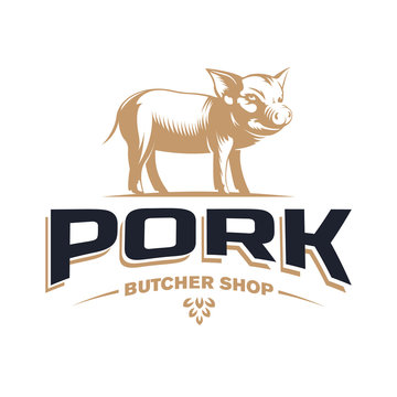 Butcher Shop vintage logo design template with pork or pig silhouette isolated on white background - Hand drawn vector illustration in retro style. Gold and white emblem, badge, sticker or label