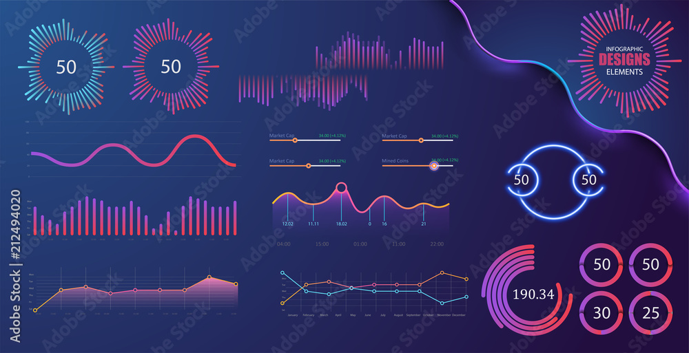 Fototapete Technology graphics and diagram with options and workflow charts. Vector presentation infographic elements. Digital screen graphic and virtual interface diagram illustration