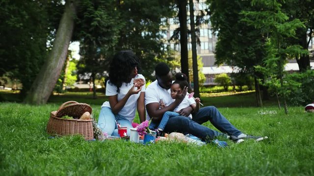 Slow motion african american family eating happy smile in park young woman man child doing picnic having fun outdoor slow motion dad daughter mom sunshine summer kid nature together relax