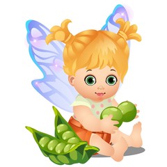 A little happy animated girl with fairy wings holding a green peas isolated on white background. Vector cartoon close-up illustration.