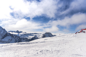 Fototapeta na wymiar Ski resort in Dolomites Mountains, Sella Ronda
