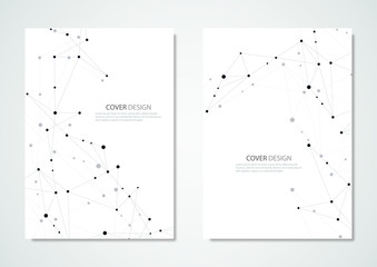Technology and science vector brochure or cover design. Geometric abstract background with connected lines and dots.