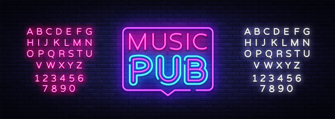 Music Pub neon sign vector. Live Music design template neon sign, light banner, neon signboard, nightly bright advertising, light inscription. Vector illustration. Editing text neon sign