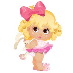 A little animated girl holding a soft toy plush hare isolated on white background. Vector cartoon close-up illustration.