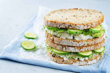 Ricotta sprouts avocado cucumber rye sandwich