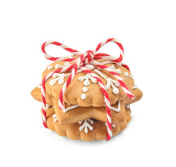 Tasty homemade Christmas cookies on white background
