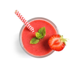 Glass with tasty strawberry smoothie on white background