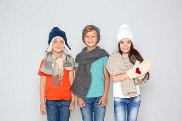 Cute little children in warm clothes posing on light background. Christmas celebration