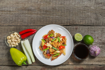 Chicken with cashew nuts. The national dish of Thai cuisine. The view from the top. Copy-space.