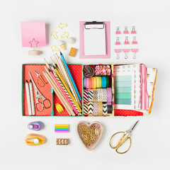 Organizer with stylish stationery. Flat lay, top view trendy back to school concept.