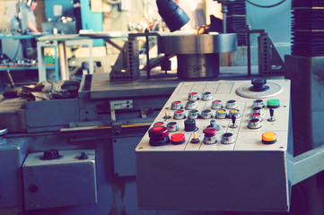 The control panel of the machine with cnc for processing material at the machine-building...