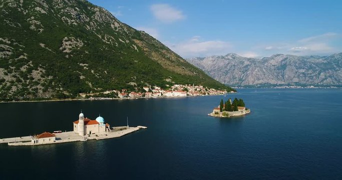 Aerial view of the Our Lady of the Rocks church and Island of Sveti Djordje in the Kotor Bay near Perast town, Montenegro.