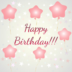 Happy birthday card on a beige background with stars with balloons