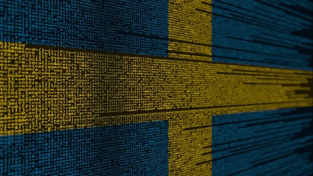 Program code and flag of Sweden. Swedish digital technology or programming related loopable animation