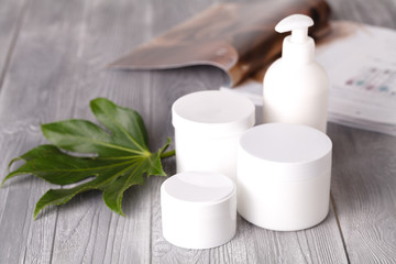 various cosmetics ready for application to the female skin