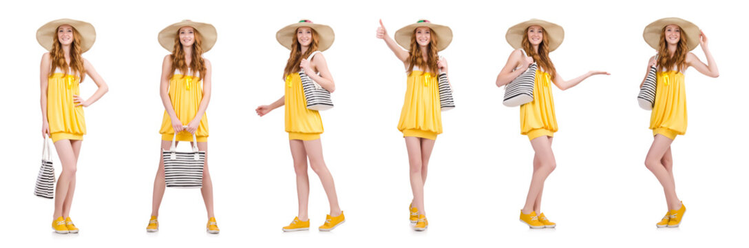 Young Woman In Yellow Summer Dress Isolated On White