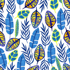 Fototapeta premium Seamless pattern with tropical leaves. Gouache art