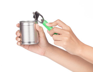 hand open Aluminum,canned food isolated on white background