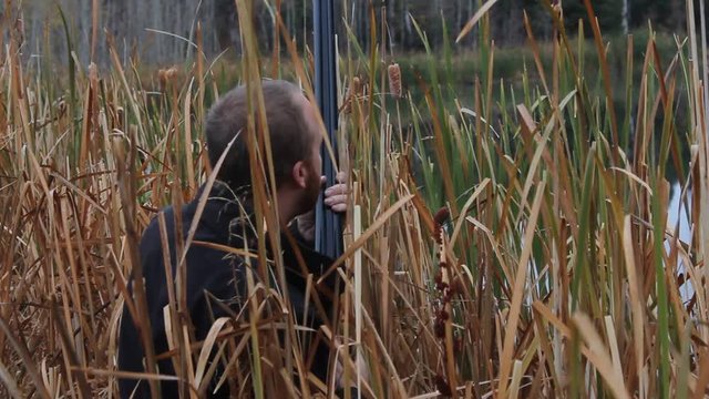 Close up of man hunting ducks and calling them in with a duck call. He is camouflaged by the tall grass and reeds.