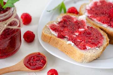 Raspberry jam ,bread,fresh raspberry