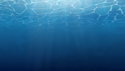 Summer. Texture of water surface. Underwater background with wave lights, bubbles of air, rays of sunshine. Blue deep underwater surface and ripples, natural scene in the sea. Waves effects.