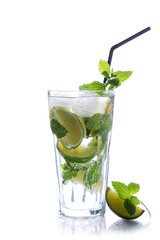 Refreshing glass of tradition Summer drink mojito with lime and mint isolated on white