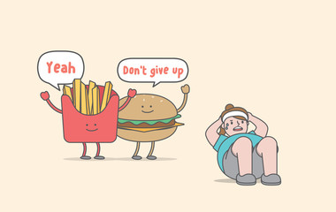 Sit-up exercise for weight loss (junk food & fat woman character) illustration vector on yellow background. Exercise concept.