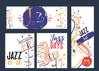 Freehand line art Jazz Music banner set. Music festival promotion creative concept with colorful lines