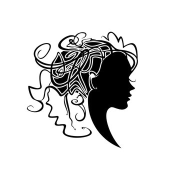 recommend clip art: Curly hair. Black silhouette profile of a female head with a deliberately careless hairdo. Baroque hair style.