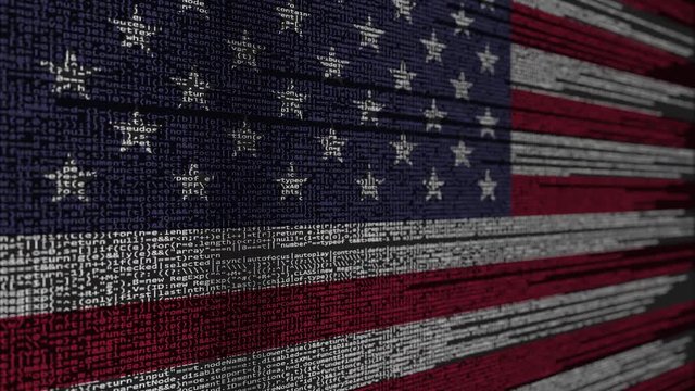 Program code and flag of the United States. American digital technology or programming related loopable animation