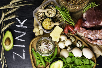 Foods High in Zinc as octopus, beef, buckwheat, yellow cheese, spinach, avokado,pea, mushrooms, bean, radishes, eggs. Top view