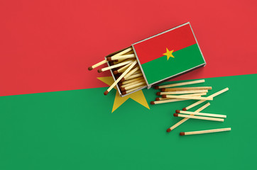 Burkina Faso flag  is shown on an open matchbox, from which several matches fall and lies on a...