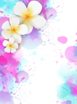 Background with watercolor splashes and tropical flowers
