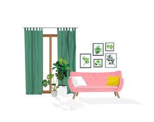 vector interior design illustration. home house decor decoration. furniture living room lounge. sofa armchair table coffee lamp cushion plant vase. modern contemporary designer trendy style. trend. 